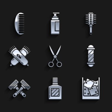 Makas, tıraş losyonu, bir bardak viski ve buz, klasik berber dükkanı direği, traş bıçağı, tıraş makinesi, saç fırçası ve ikon. Vektör