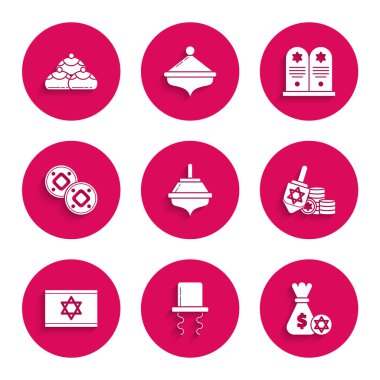 Hanukkah dreidel, kenarı kenarda Yahudi şapkası, para çantası taşıyan Yahudi para çantası yıldızı David and Coin bayrağı İsrail, Tombstone ve tatlı fırın ikonu. Vektör