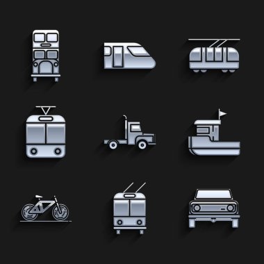 Teslimat kamyonu, Trolleybus, Off Road, Balıkçı teknesi, Bisiklet, Tramvay ve tren yolu ve Double Decker ikonu ayarlayın. Vektör