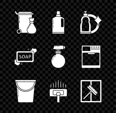 Çöp tenekesi, sıvı bulaşık deterjanı için plastik şişeler kova, elektrikli süpürge, silgi, kazıyıcı, silecek, köpüklü sabun ve ikon. Vektör