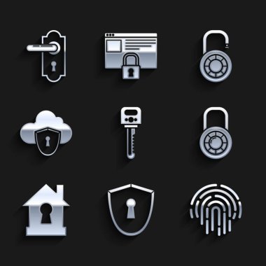 Anahtar, Kalkan 'ı anahtar deliği, parmak izi, güvenli kilit tekerleği, korunan ev, bulut ve kalkan ve kapı kolu ikonu ile ayarla. Vektör