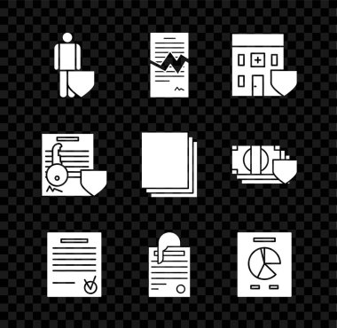 Kalkan, Yırtık Sözleşmeli Yaşam Sigortası, Tıbbi Hastane Binası, Doğrulanmış belge ve onay işareti, Dosya atacı, Belge Grafik Çizelgesi, Anahtar ve Temiz simgesi. Vektör