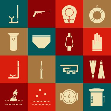 Dalgıç, yüzen lastik yüzgeçler, eldivenler, dalış başlığı, yüzme şortu, el feneri, şnorkel ve karabina ikonu için büyük fener ayarlayın. Vektör