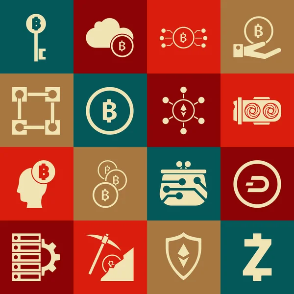 Kripto para birimi Zcash ZEC, Dash, Madencilik çiftliği, bitcoin çemberi mikroçip devresi, Bitcoin, Blockchain teknolojisi, anahtar ve Ethereum ETH simgesi. Vektör