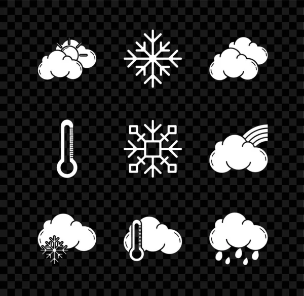 Słońce i chmura pogody, płatki śniegu, chmura, ze śniegiem, termometr, deszcz, ikona. Wektor — Wektor stockowy