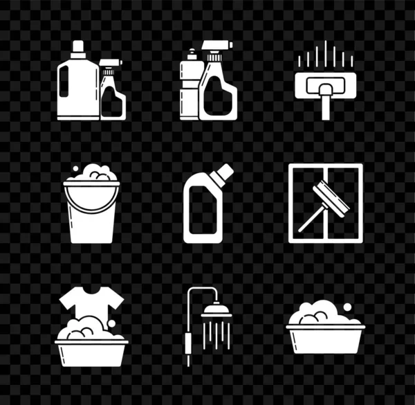 液体食器洗浄用のプラスチックボトル、掃除機、石鹸液付きの洗面台、シャワーヘッドの水滴が流れる、バケツフォームと泡とアイコンを設定します。ベクトル — ストックベクタ