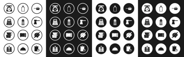 Set stekpanna, salt, rivjärn, skalor, kaffe turk, skärbräda, Rullande stift och mäta kopp ikon. Vektor — Stock vektor