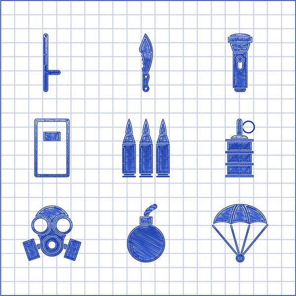 Golyó, bomba felrobbanásra kész, ejtőernyő, kézigránát, gázálarc, rendőrségi támadó pajzs, zseblámpa és gumibot ikon. Vektor — Stock Vector