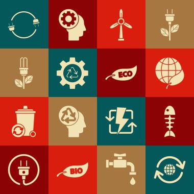 Toprak gezegenini ve geri dönüşüm kutusunu, balık iskeletini, dünya küre yaprağını, rüzgar türbini, geri dönüşüm sembolü takımını, ampulü, elektrik prizini ve Yaprak Eko ikonunu ayarla. Vektör