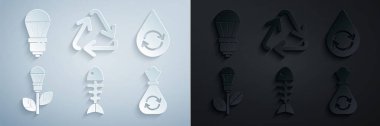 Balık iskeletini, temiz suyu, yapraklı ampulü, çöp torbasını, sembolü ve LED ışık simgesini ayarla. Vektör