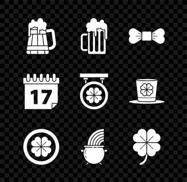 Tahta bira kupası, papyon, dört yapraklı yonca, cadı kazanı ve gökkuşağı ile altın sikke, Dört, Aziz Patricks günü takvimi ve sokak tabelası ikonu. Vektör
