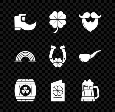 Geleneksel leprikon çizmeler, dört yapraklı yonca, bıyık ve sakal, dört adet tahta fıçı, Aziz Patrick Günü broşürü, broşür, kartpostal, bira kupası, Gökkuşağı ve At nalı ikonu. Vektör