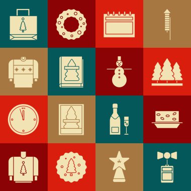 Fiyat etiketini bir yazıyla belirleyin: Sale, Nougat fındıkları, Noel ağaçları, Takvim, kitap, kazak, kağıt alışveriş çantası ve kardan adam ikonu. Vektör