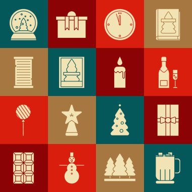 Şekerlemeli sıcak çikolata bardağı, hediye kutusu, şampanya şişesi ve bir bardak şampanya, saat, Noel kartpostalı, dilek listesi şablonu, kar küresi ve şamdandaki yanan mumu hazırla. Vektör