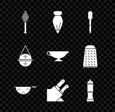 Bal kepçesi çubuğu, kek, kaşık, mutfak kevaşesi, bıçak, biber, çay süzgeci ve sos tekne ikonu için hamur işi hazırla. Vektör