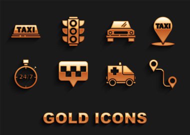 Harita işaretçisini taksi, güzergah konumu, ambulans ve acil durum arabası, 24 saat sttopwatch, araba, taksi çatısı ve trafik ışığı ikonu ile ayarla. Vektör