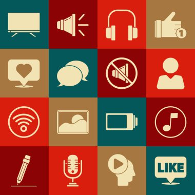 Konuşma balonunda, notada, tonda, arkadaş, kulaklık, konuşma ve kalpte, akıllı televizyon ve hoparlör ikonunda olduğu gibi ayarlayın. Vektör