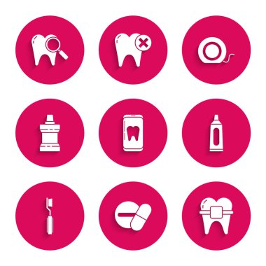 Online diş bakımı, ilaç hapı ya da tablet diş teli, diş macunu tüpü, diş fırçası, diş macunu, plastik şişe, diş ipi ve arama ikonu. Vektör