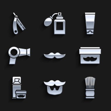 Bıyık, sakal, tıraş fırçası, krem ya da losyon kavanozu, jöle köpüğü, saç kurutma makinesi, tüp ve düz jilet ikonu. Vektör