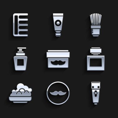 Krem veya losyon kozmetik kavanozu, bıyık, elektrikli saç kesme makinesi tıraş losyonu, tıraş köpüğü, şampuan şişesi, fırça ve saç fırçası ikonu. Vektör