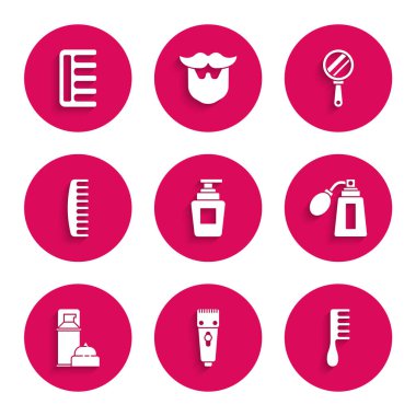 Şampuan şişesi, elektrikli saç makası, tıraş makinesi, saç fırçası, atomla tıraş losyonu, tıraş köpüğü, el aynası ve ikon. Vektör