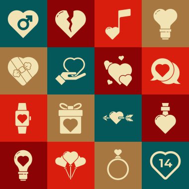 Set Heart, aşk iksiri, konuşma balonunda, nota, nota, kalp, el, şeker şeklinde kutu, erkek cinsi ve ikon. Vektör