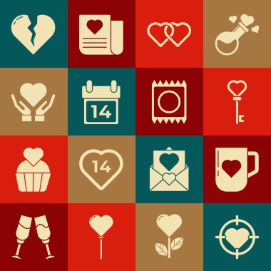 Dart 'ın ortasına nişan al, kahve fincanı ve kalp, anahtar şekli, İki Bağlı Kalp, Takvim 14 Şubat, elimizde, Kırık veya boşanma ve prezervatif paket ikonu. Vektör