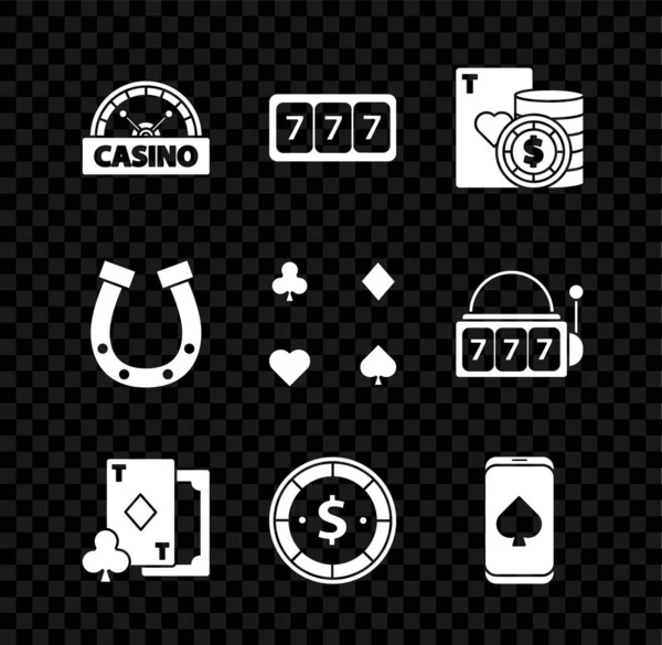 Набор казино вывеска, игровой автомат с удачливыми семерками джекпот, чип и игральные карты, играя в бриллианты, доллар, онлайн игра в покер стол, подкова и значок. Вектор — стоковый вектор