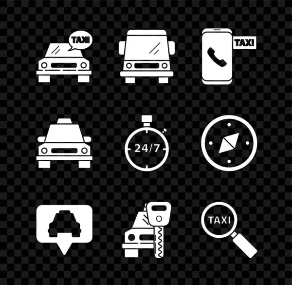 Set Taxi car, Car, call telephone service, Map pointer with taxi, rental, Magnifying glass and, and Stopwatch 24 hours icon. Vector — Stock Vector