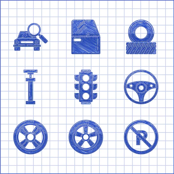 Set Traffic light, Car wheel, No Parking or stopping, Steering, , and search icon. Vector — Stock Vector