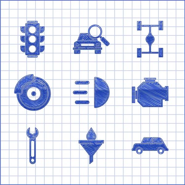 Set High beam, Funnel or filter and motor oil drop, Car, Check engine, Wrench, brake disk with caliper, Chassis car and Traffic light icon. Vector — Stock Vector