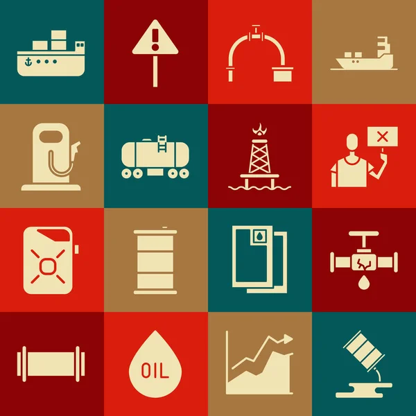 Set Barrel oil leak, Broken pipe with leaking water, Nature saving protest, Industry and valve, Oil railway cistern, Petrol or gas station, tanker ship and rig fire icon. Vector — Stock Vector