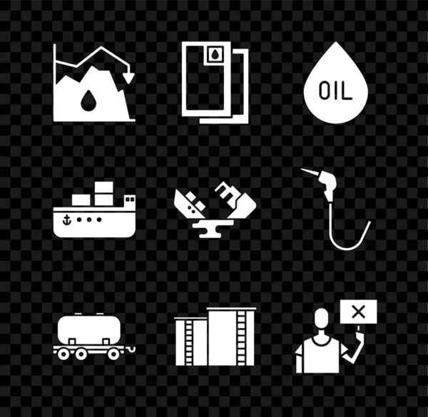 Set Drop in crude oil price, Barrel, Oil drop, railway cistern, industrial factory building, Nature saving protest, tanker ship and Wrecked icon. Vector — Stock vektor