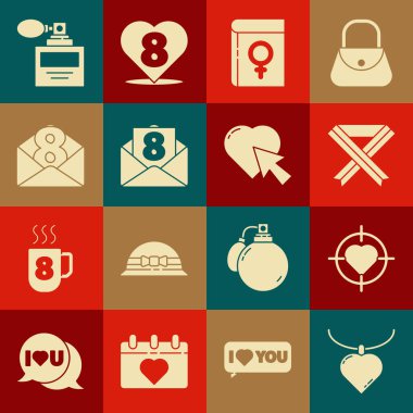 Kolyeyi kalp şeklinde kolyeyle, kalbi hedefin ortasına koy, göğüs kanseri farkındalığı kurdelesi, kadınlar hakkında kitap, Zarf 8 Mart, Parfüm ve imleç simgesi. Vektör