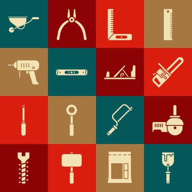 Oyun bıçağı, testere, elektrikli testere, köşe cetvel, balon seviyesi, elektrikli matkap makinesi, el arabası ve tahta uçak alet ikonu. Vektör