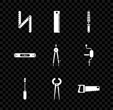 Katlama cetvelini, cetveli, keski aletini tahta, tornavida, kıskaç ve pense için ayarla, el testeresi, inşaat balonu seviyesi ve pusula simgesi çizimi. Vektör