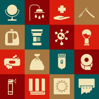 Duvara kağıt havlu makinesi, tuvalet kağıdı rulosu, tıraş fırçası, haç hastanesi sağlık, ilaç şişesi, temizlik malzemesi şişeleri, yuvarlak makyaj aynası ve virüs ikonu koyun. Vektör