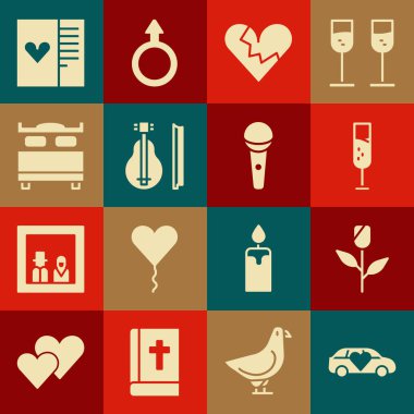 Limuzin arabası, çiçek gülü, bir kadeh şampanya kırık kalp ya da boşanma, keman, yatak odası, kartpostal ve mikrofon ikonu. Vektör