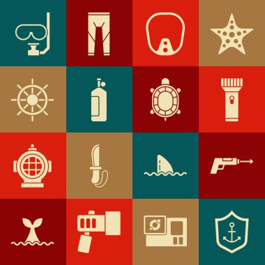 Anchor 'ı kalkanın, Fenerin, dalış maskesinin, Aqualung' un, direksiyonun, şnorkelin ve kaplumbağa ikonunun içine yerleştir. Vektör