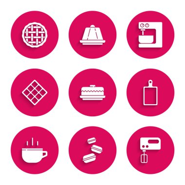 Pasta, makarna, elektrikli karıştırıcı, kesme tahtası, kahve fincanı, waffle ve ev yapımı turta ikonu. Vektör