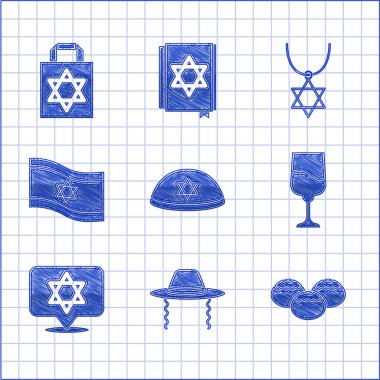 Yahudi kippah, Ortodoks Yahudi şapkası, tatlı fırın, kadeh, Davut Yıldızı, İsrail bayrağı, zincirli kolye ve yıldız David ikonu ile alışveriş çantası. Vektör