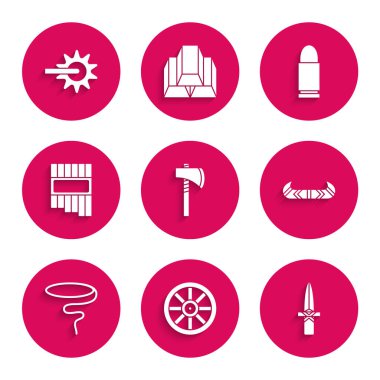 Tomahawk baltası, eski ahşap tekerlek, hançer, kano ya da kürek, kementle, flüt, kurşun ve mahmuz ikonu. Vektör