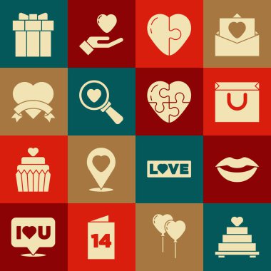 Yürekli düğün pastası, gülen dudaklar, alışveriş torbası, Kalp, Arama ve Sevgi, hediye kutusu ve ikon. Vektör