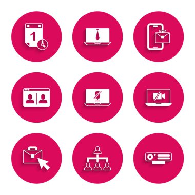 Dilsiz mikrofonu dizüstü bilgisayara, Hiyerarşi organizasyon şemasına, Web kamerasına, Video Kapalı 'ya, çevrimiçi çalışmaya, sohbet konferansına, Freelancer ve Time yönetim simgesine ayarla. Vektör