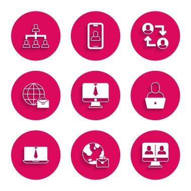 Video sohbet konferansını ayarla, çevrimiçi çalışma, Freelancer, Proje ekibi üssü ve Hiyerarşi organogram grafik simgesi. Vektör