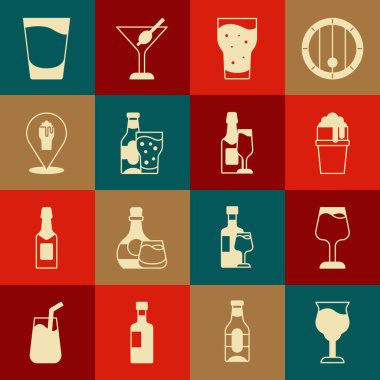 Şarap kadehi, bir bardak bira, bira şişesi ve alkol ya da bar mekanı, shot ve şampanya ikonu. Vektör