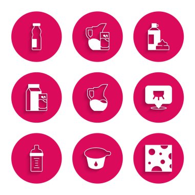 Süt sürahisi veya sürahi, yoğurt kabı, peynir, meme, bebek sütü şişesi kefir için kağıt paketi, krem şanti ve yoğurt ikonu. Vektör