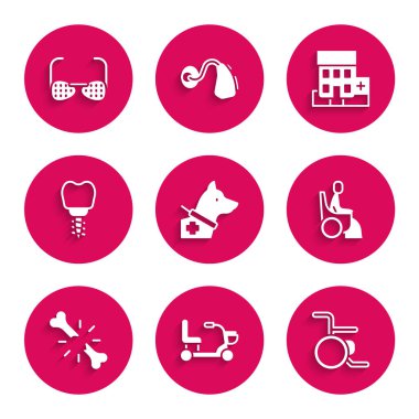 Rehber köpek, elektrikli sandalye, tekerlekli sandalye, içeri kadın, kırık kemik, diş implantı, hastane binası ve kör gözlüğü ikonu. Vektör