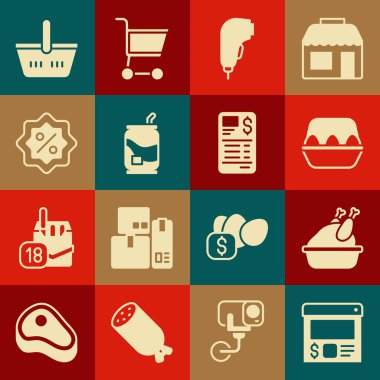 Online sipariş ve teslimat ayarla, kızarmış hindi, tavuk yumurtası kutusu, tarayıcı barkod, soda, indirim yüzde etiketi, alışveriş sepeti ve kağıt çek ikonu. Vektör