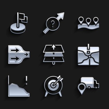 Katmanlar, Hedef, Teslimat, Kesişme Noktası, Finansal büyüme azalması, Ok, Konum ve Bayrak simgesini ayarla. Vektör